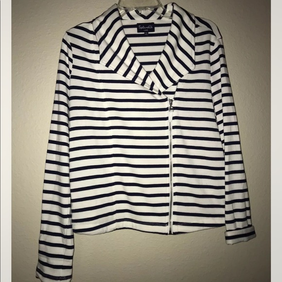 Splendid Navy & White Stripe Stretch Soft Knit Moto Jacket Sz L - Picture 2 of 6